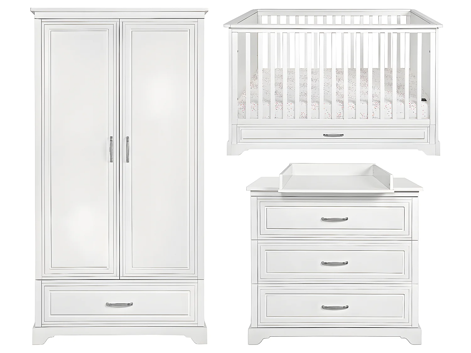 Chambre complète lit évolutif 70x140 commode à langer et armoire 2 portes Melody Blanc