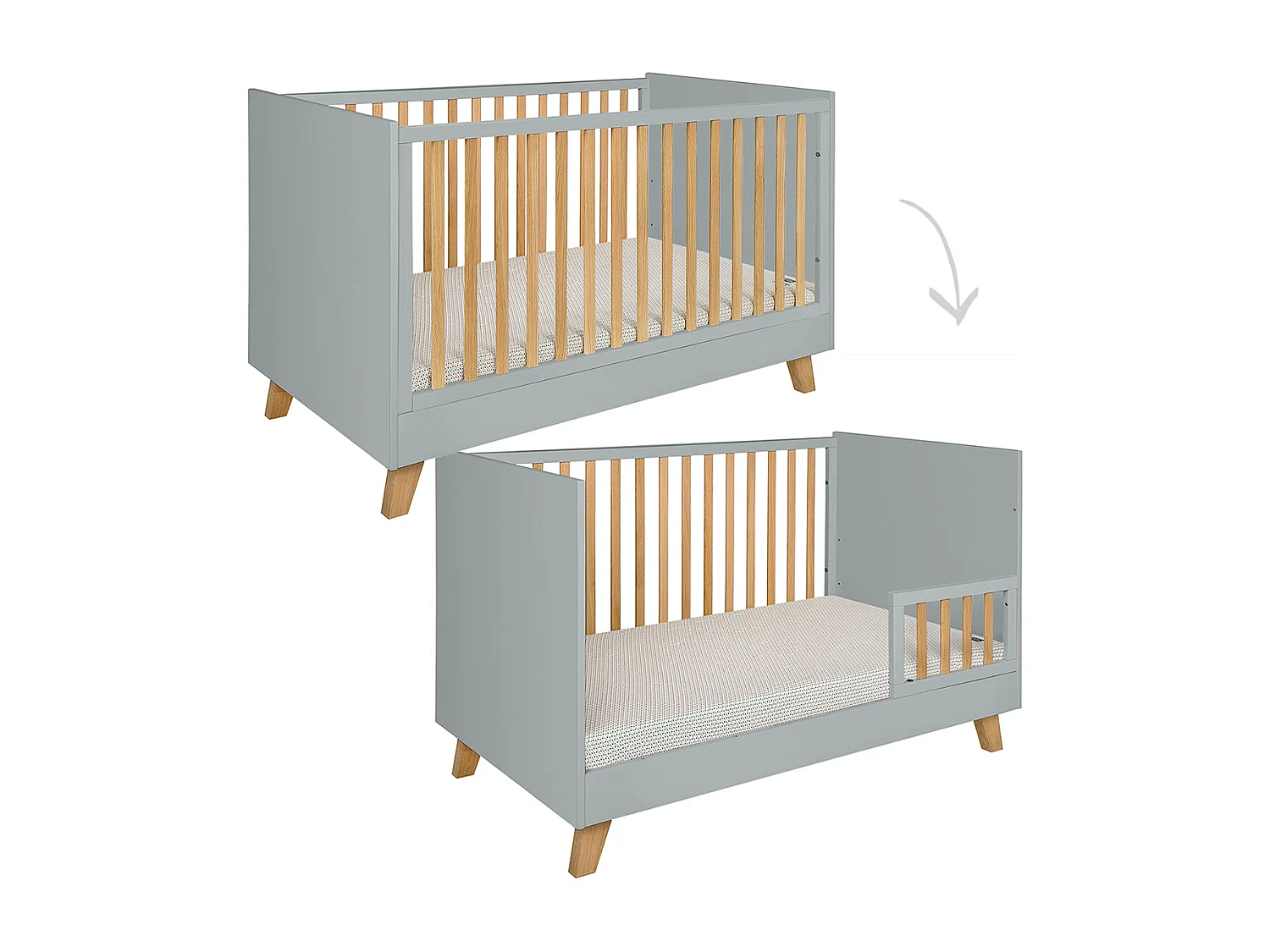 Lit évolutif 70x140 et commode 3 tiroirs Zara Gris