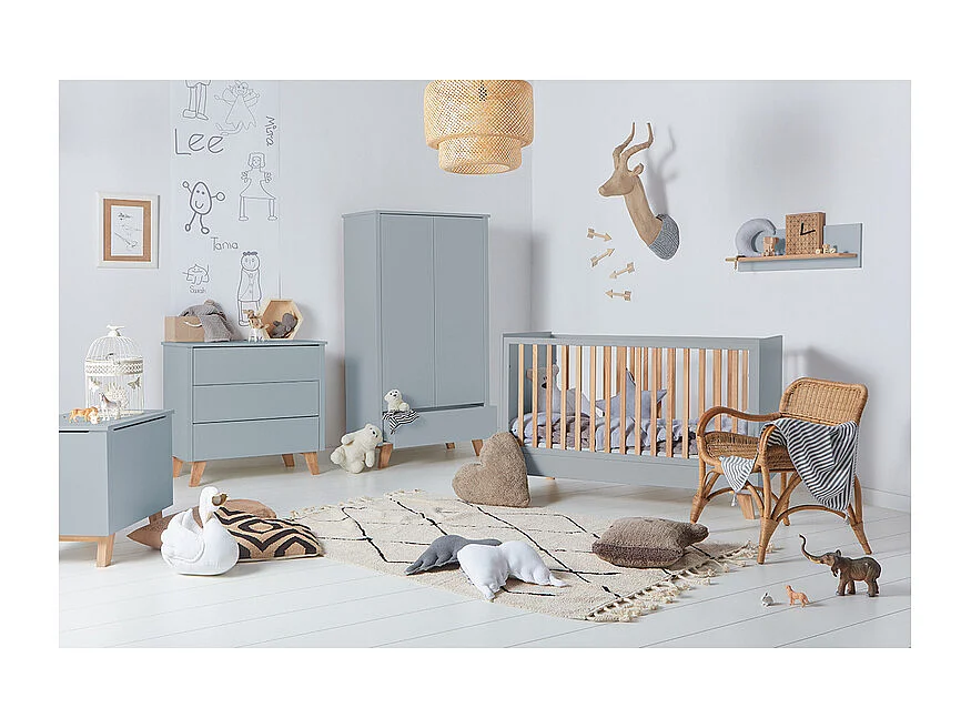 Lit évolutif 70x140 et commode 3 tiroirs Zara Gris