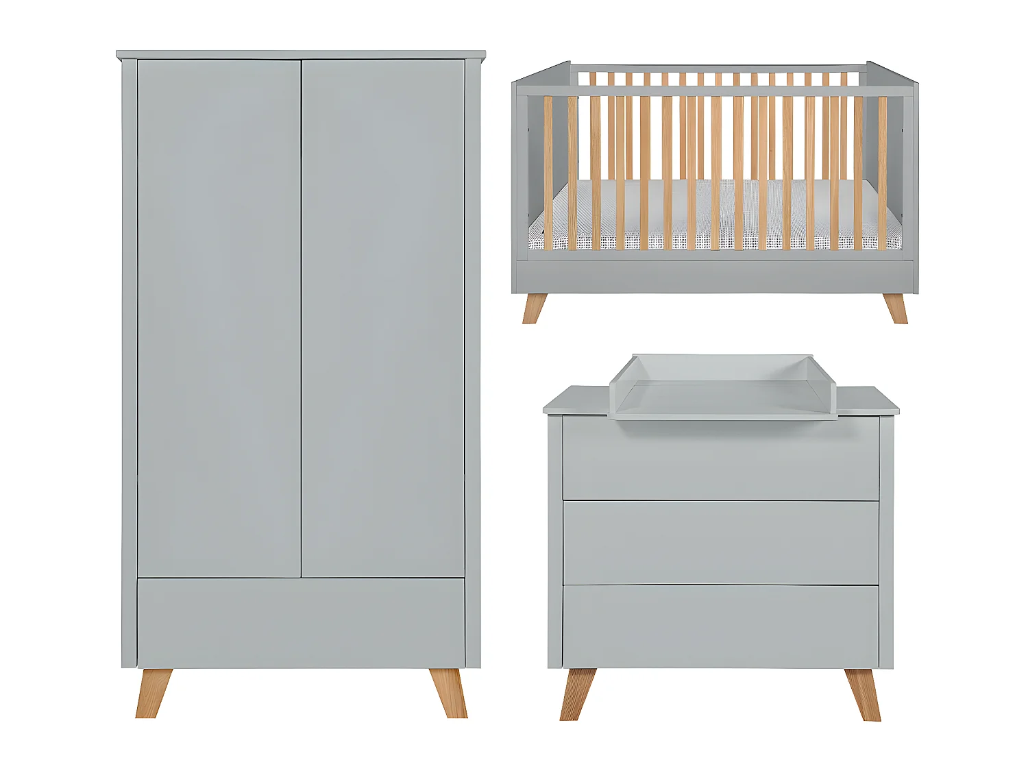 Chambre complète lit évolutif 70x140 commode à langer et armoire 2 portes Zara Gris