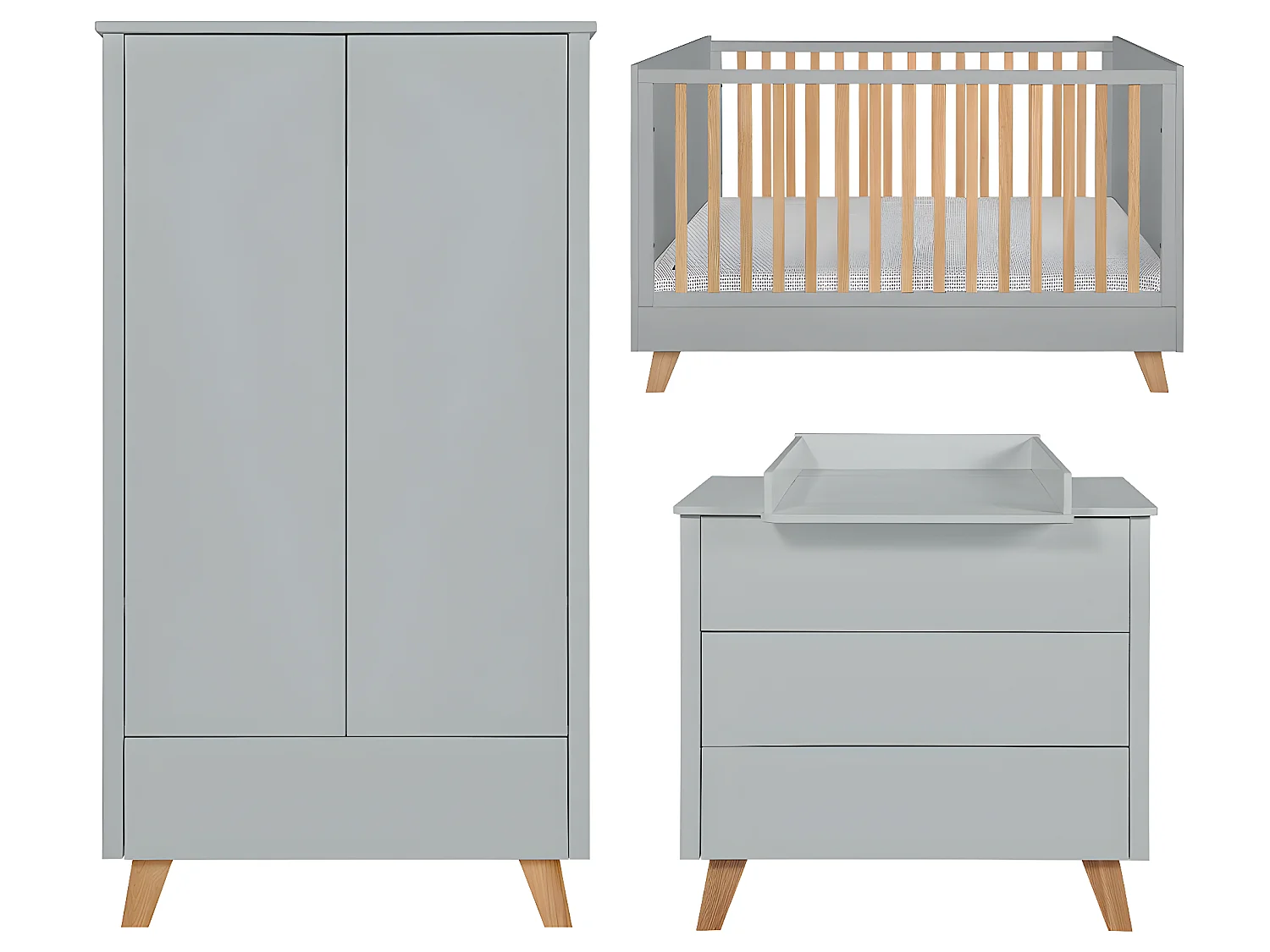 Chambre complète lit évolutif 70x140 commode à langer et armoire 2 portes Zara Gris