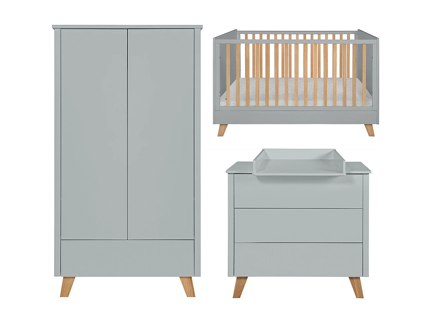 Chambre complète lit évolutif 70x140 commode à langer et armoire 2 portes Zara Gris