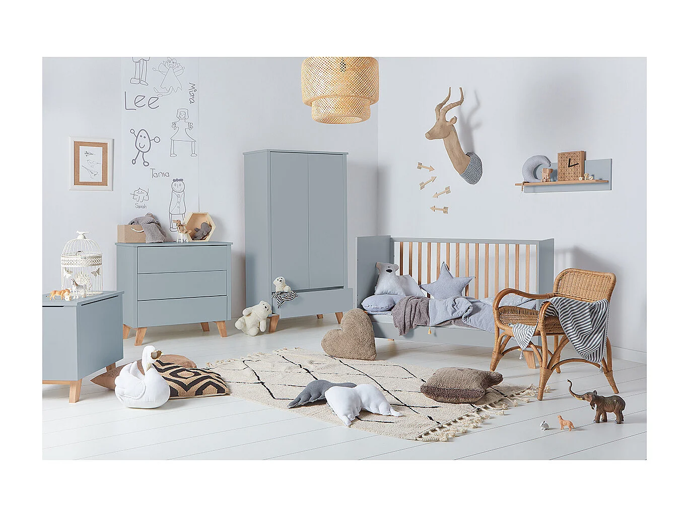 Chambre complète lit évolutif 70x140 commode à langer et armoire 2 portes Zara Gris