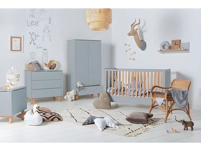 Chambre complète lit évolutif 70x140 commode à langer et armoire 2 portes Zara Gris