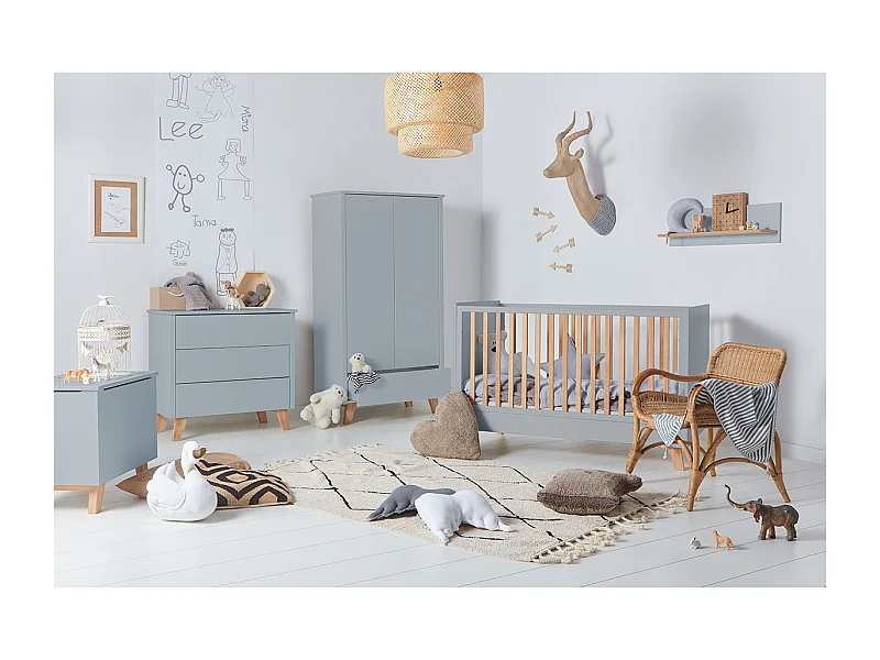 Chambre complète lit évolutif 70x140 commode à langer et armoire 2 portes Zara Gris