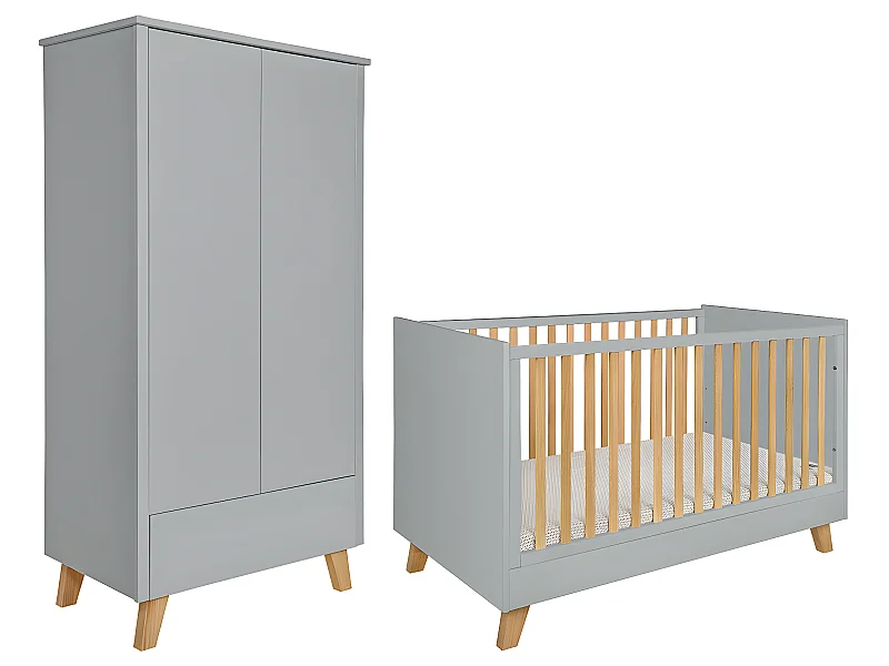 Lit évolutif 70x140 et armoire 2 portes Zara Gris