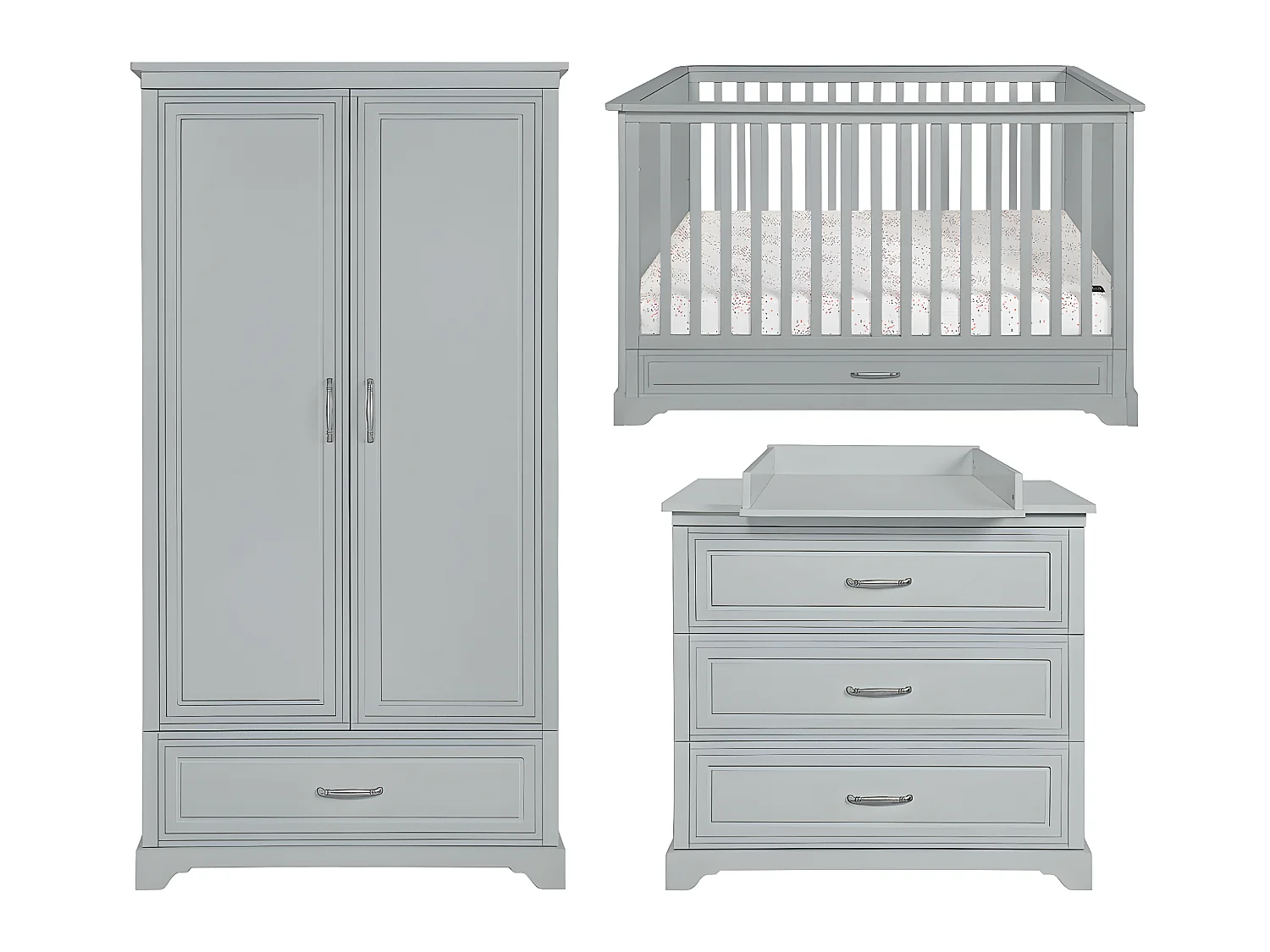 Chambre complète lit évolutif 70x140 commode à langer et armoire 2 portes Melody Gris