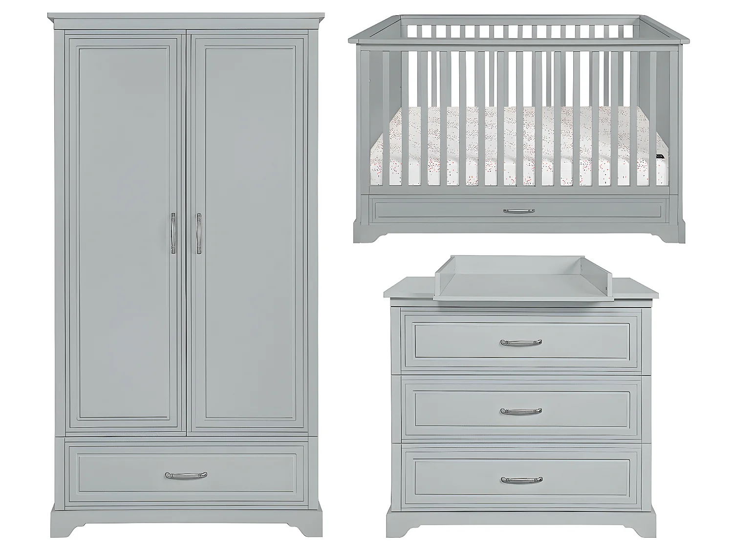 Chambre complète lit évolutif 70x140 commode à langer et armoire 2 portes Melody Gris