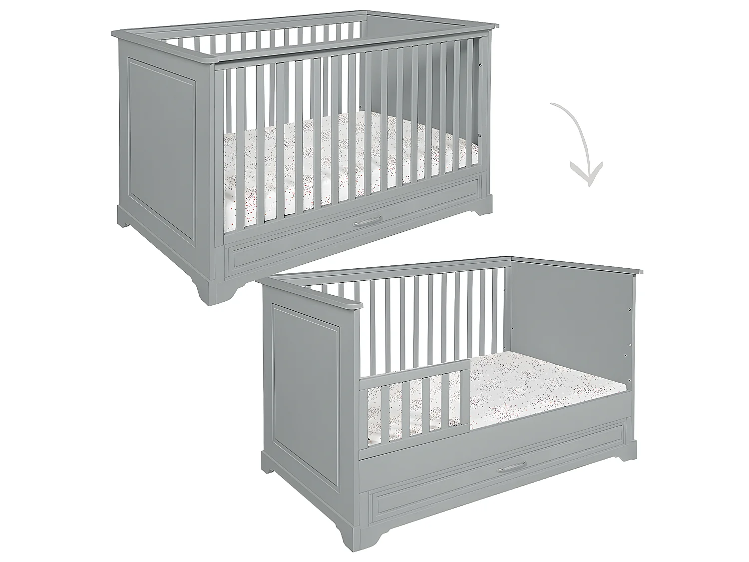 Chambre complète lit évolutif 70x140 commode à langer et armoire 2 portes Melody Gris