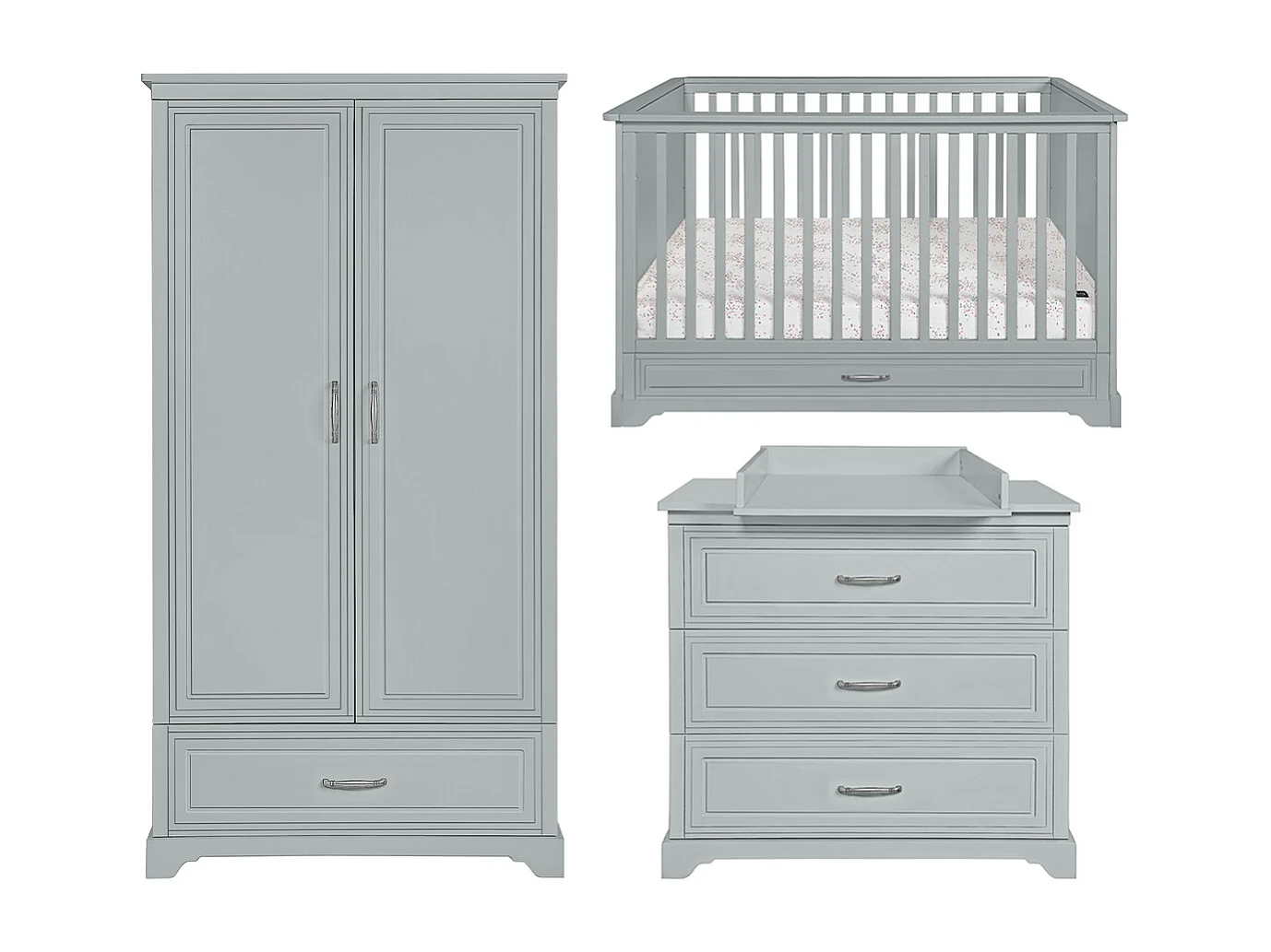 Chambre complète lit évolutif 70x140 commode à langer et armoire 2 portes Melody Gris