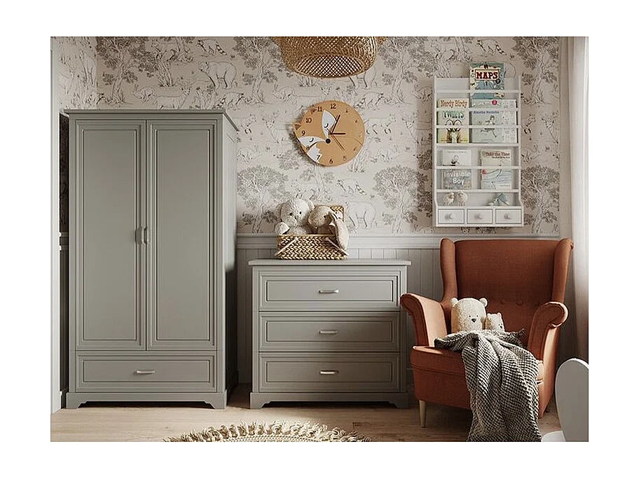 Chambre complète lit évolutif 70x140 commode à langer et armoire 2 portes Melody Gris