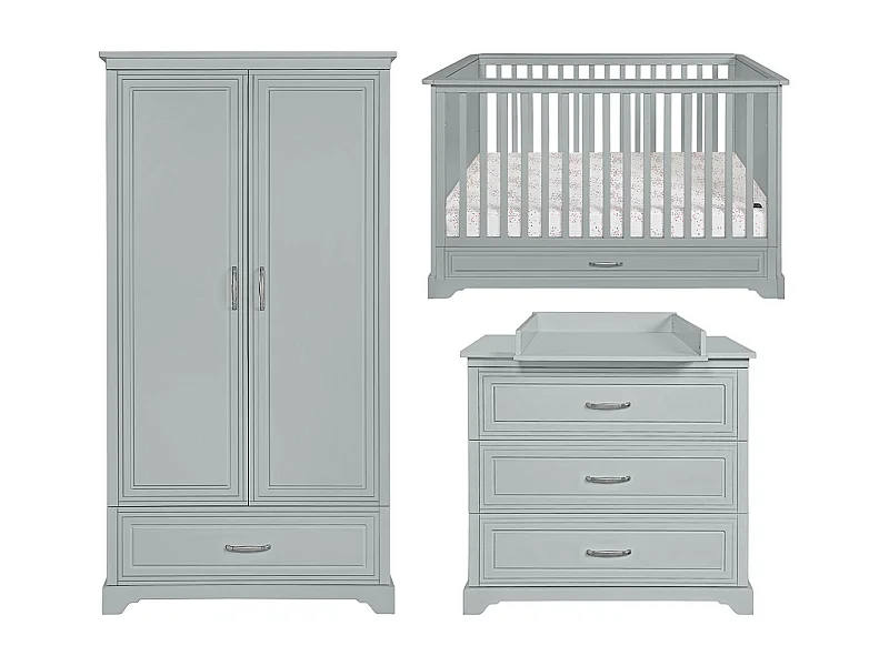 Chambre complète lit évolutif 70x140 commode à langer et armoire 2 portes Melody Gris