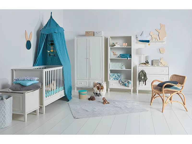 Chambre complète lit évolutif 70x140 commode à langer et armoire 2 portes Bianka Blanc