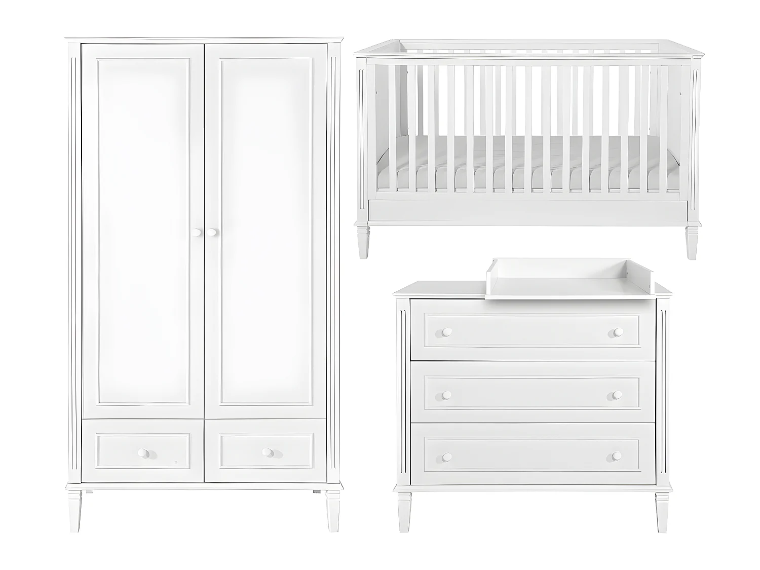 Chambre complète lit évolutif 70x140 commode à langer et armoire 2 portes Bianka Blanc