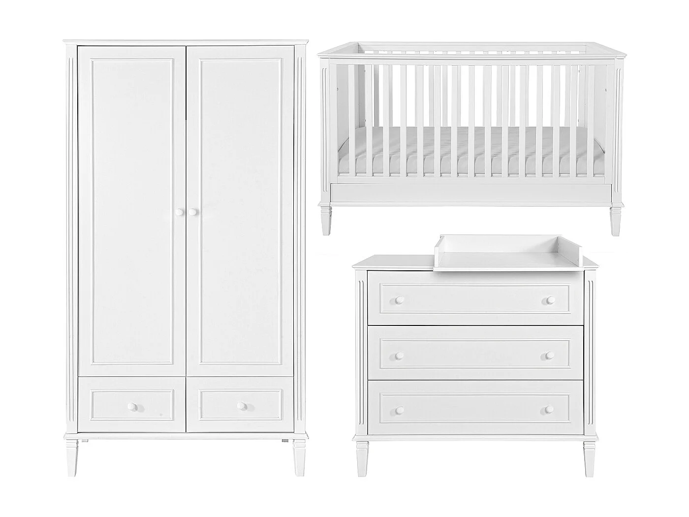 Chambre complète lit évolutif 70x140 commode à langer et armoire 2 portes Bianka Blanc