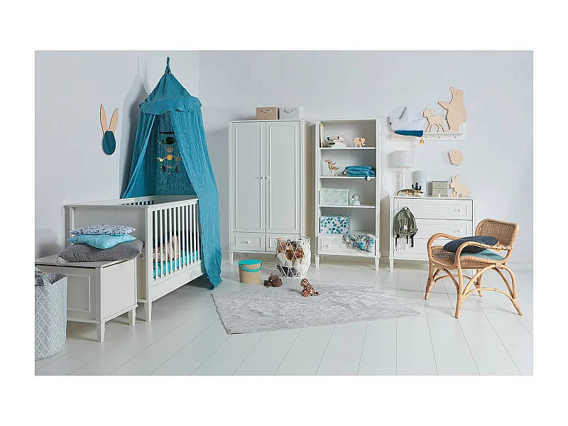 Chambre complète lit évolutif 70x140 commode à langer et armoire 2 portes Bianka Blanc