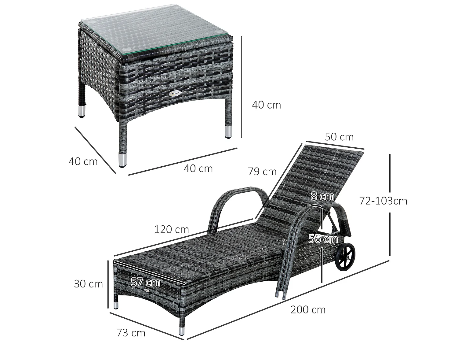 Set 2 tumbonas y mesa gris 200x73x103cm Outsunny