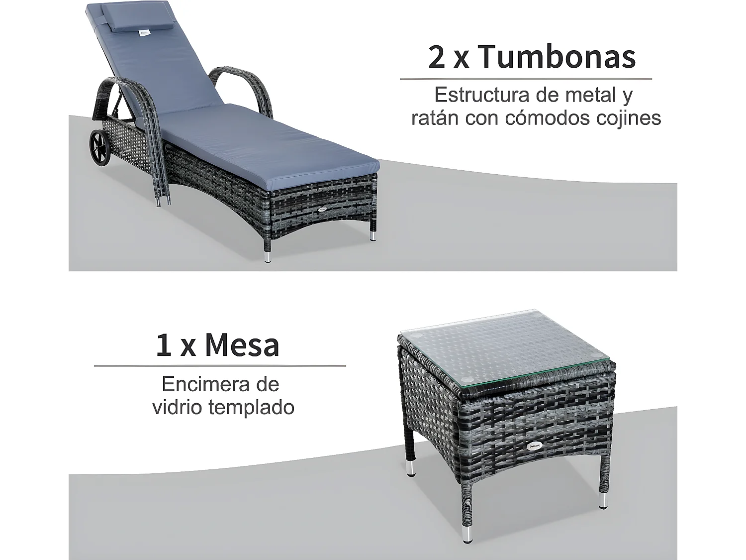 Set 2 tumbonas y mesa gris 200x73x103cm Outsunny