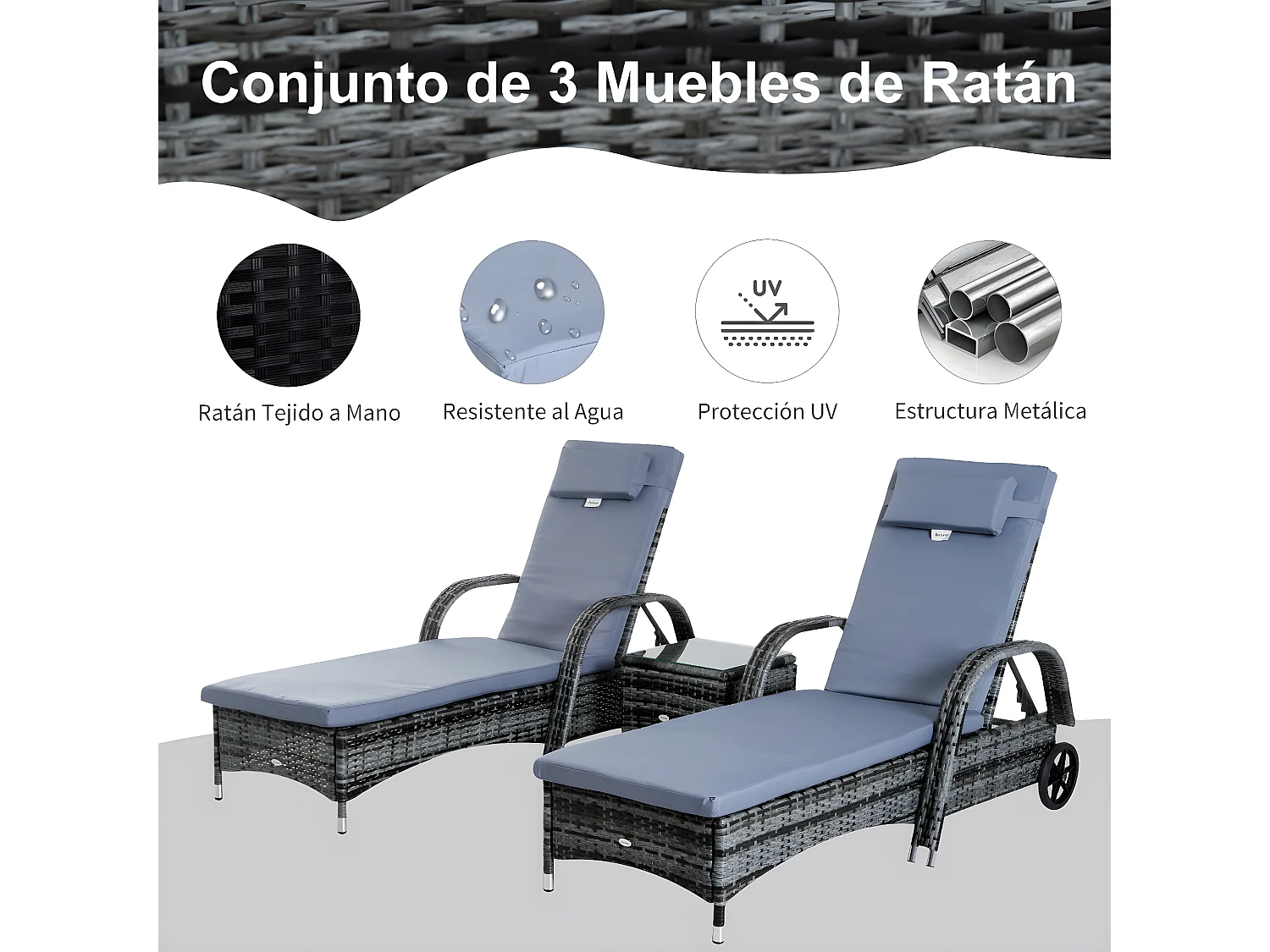 Set 2 tumbonas y mesa gris 200x73x103cm Outsunny