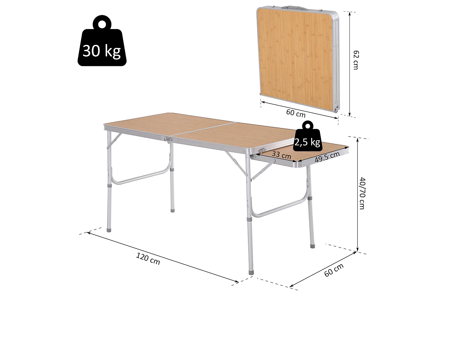 Mesa de camping natural bambú color 153x60x70 cm Outsunny