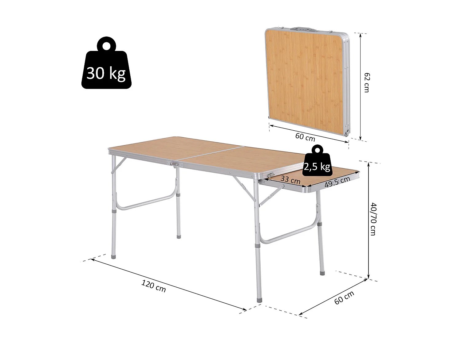 Mesa de camping natural bambú color 153x60x70 cm Outsunny