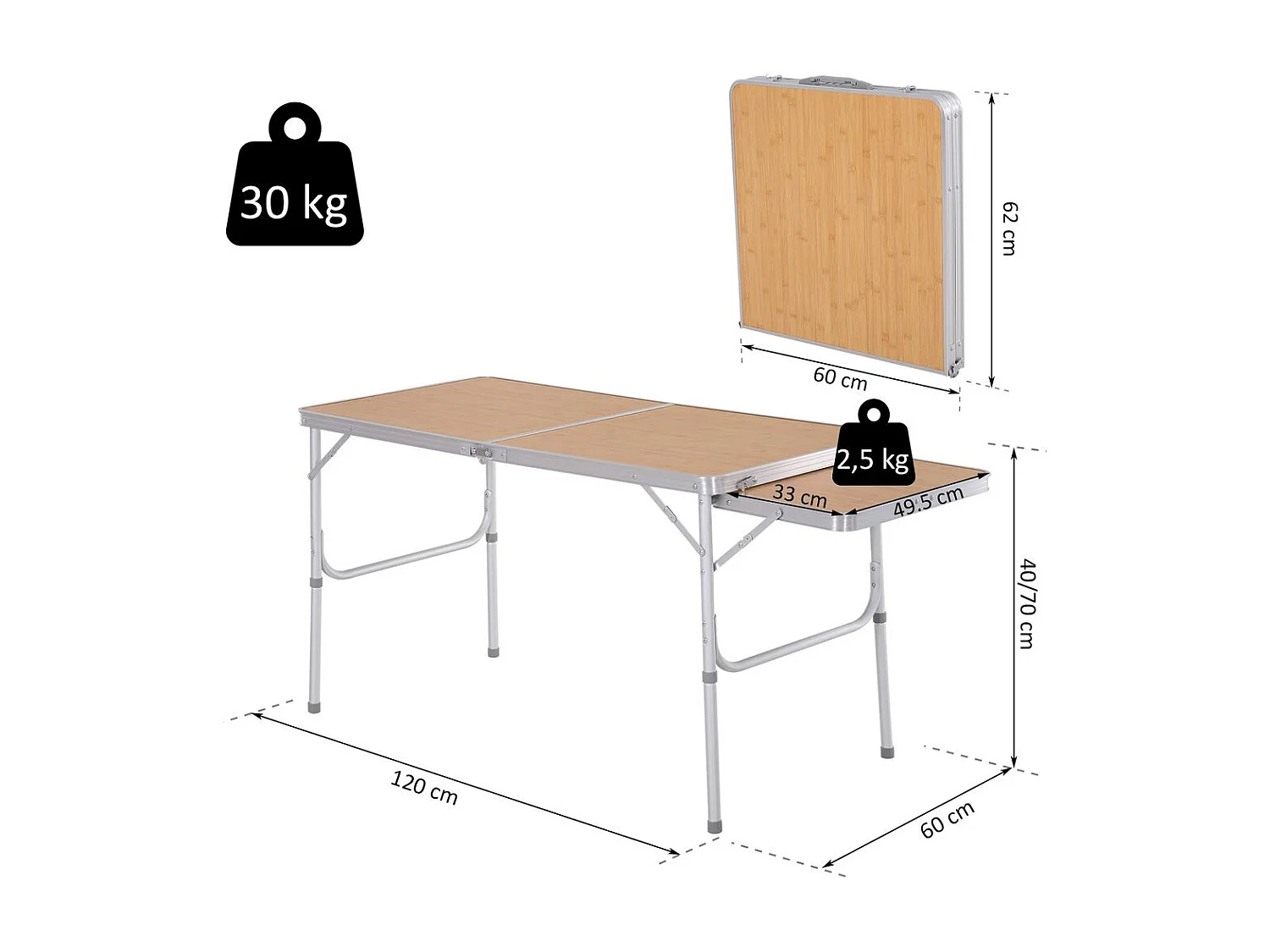 Mesa de camping natural bambú color 153x60x70 cm Outsunny