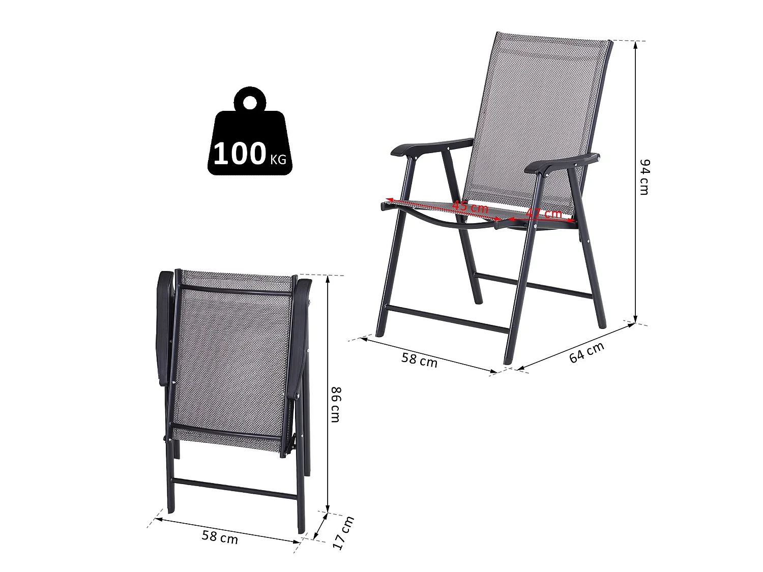 Conjunto de 2 sillas plegables gris y negro 58x64x94 cm Outsunny
