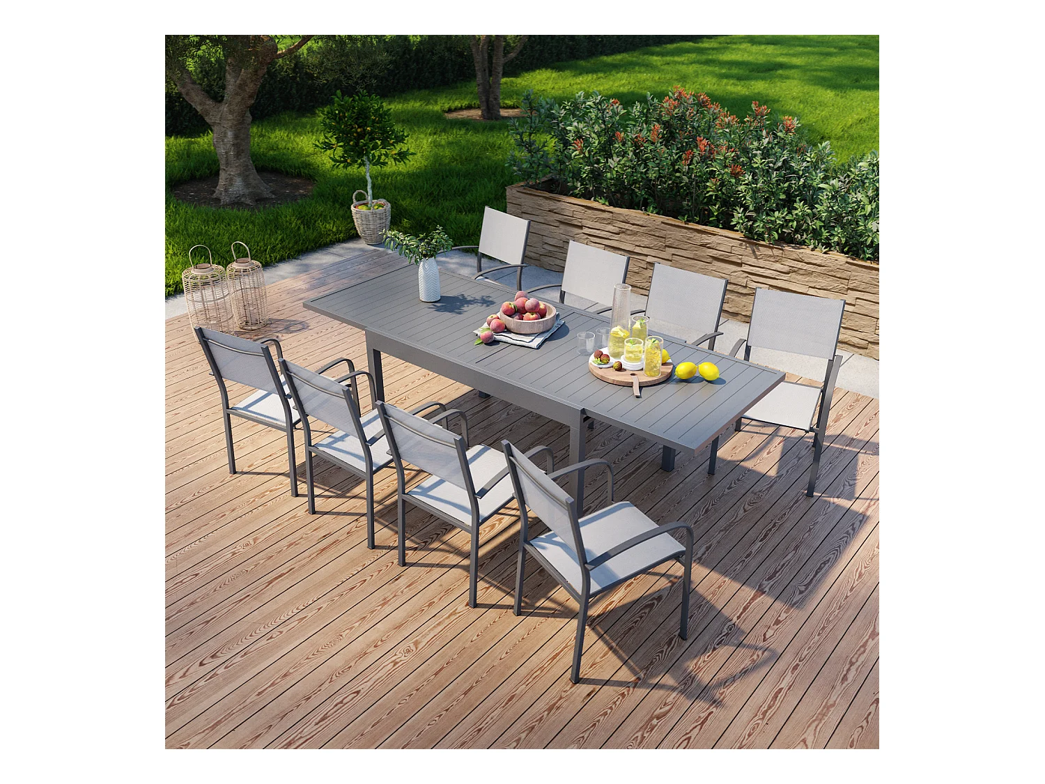 Table de jardin extensible en aluminium 270cm + 8 fauteuils empilables textilène anthracite gris - MILO 8