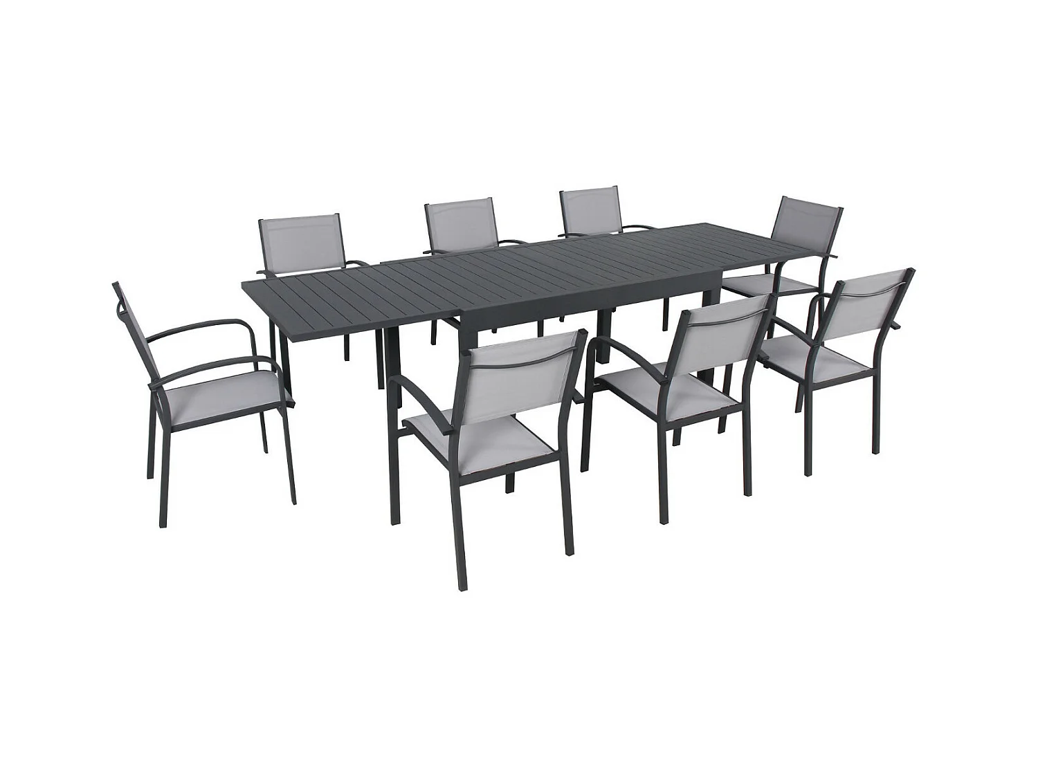 Table de jardin extensible en aluminium 270cm + 8 fauteuils empilables textilène anthracite gris - MILO 8
