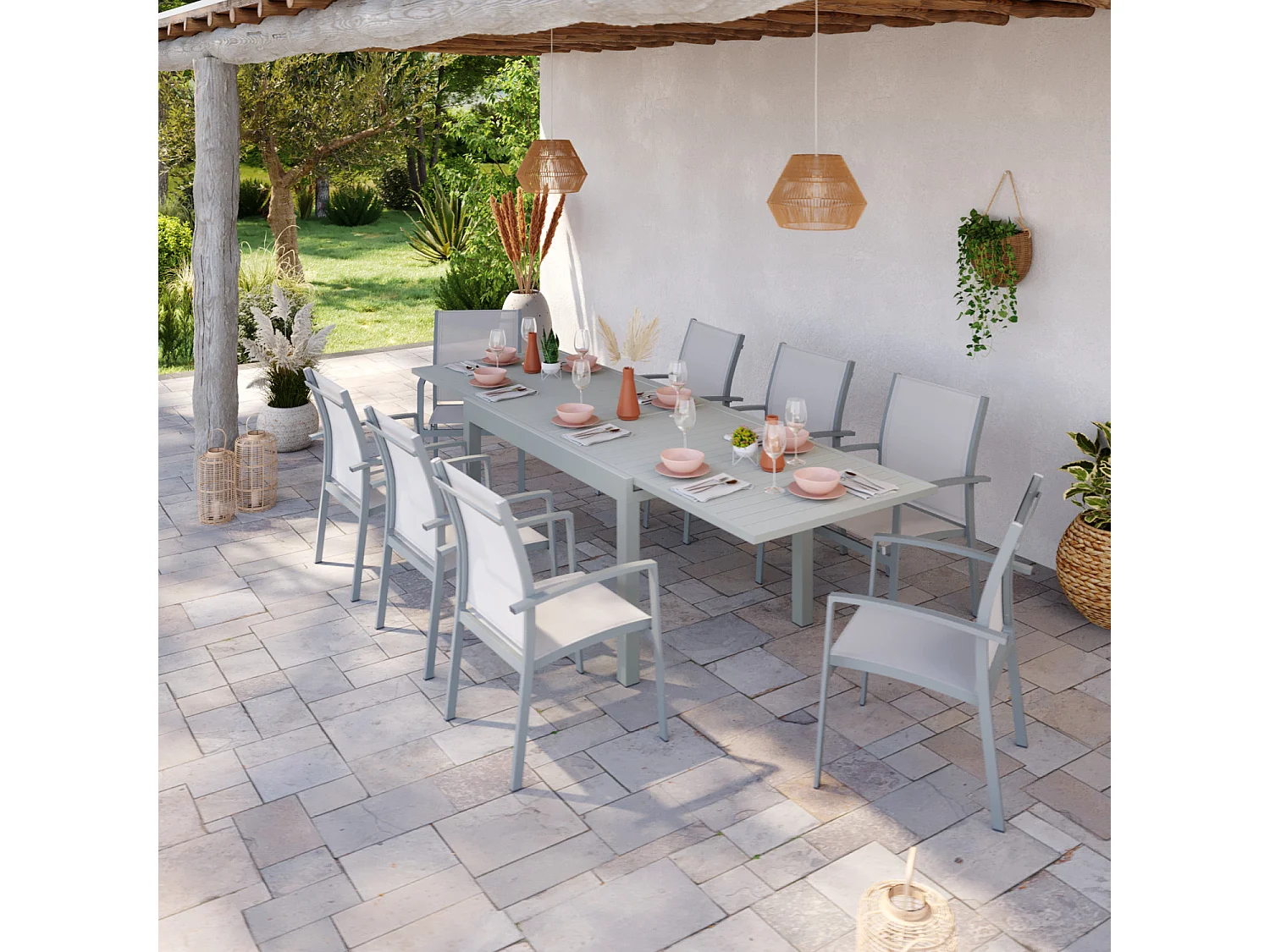 Table de jardin extensible aluminium 135/270cm + 8 fauteuils empilables textilène gris - ANDRA 8