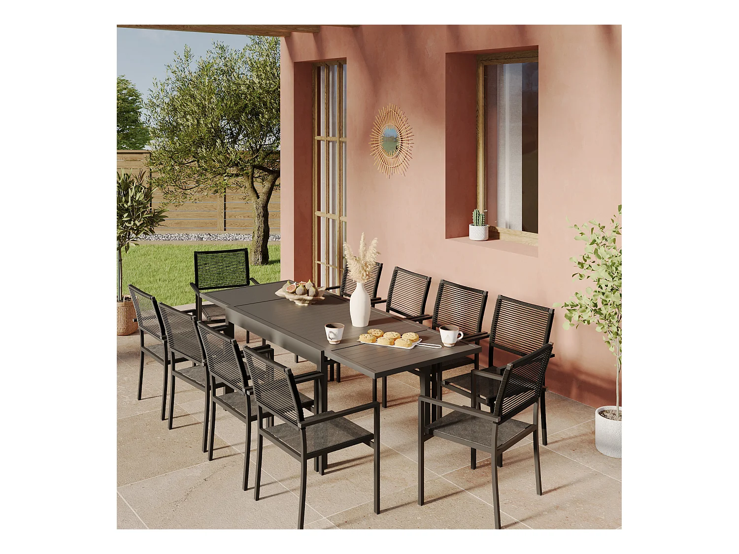 Ensemble Table de jardin extensible aluminium 135/270cm + 10 Fauteuils empilables en corde Anthracite - YERAZ
