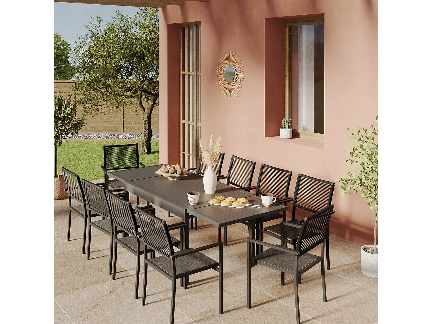 Ensemble Table de jardin extensible aluminium 135/270cm + 10 Fauteuils empilables en corde Anthracite - YERAZ