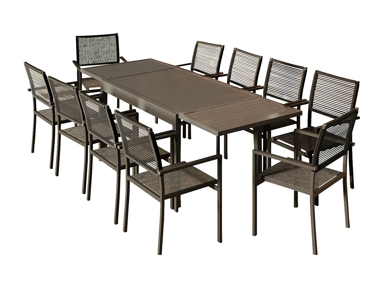 Ensemble Table de jardin extensible aluminium 135/270cm + 10 Fauteuils empilables en corde Anthracite - YERAZ