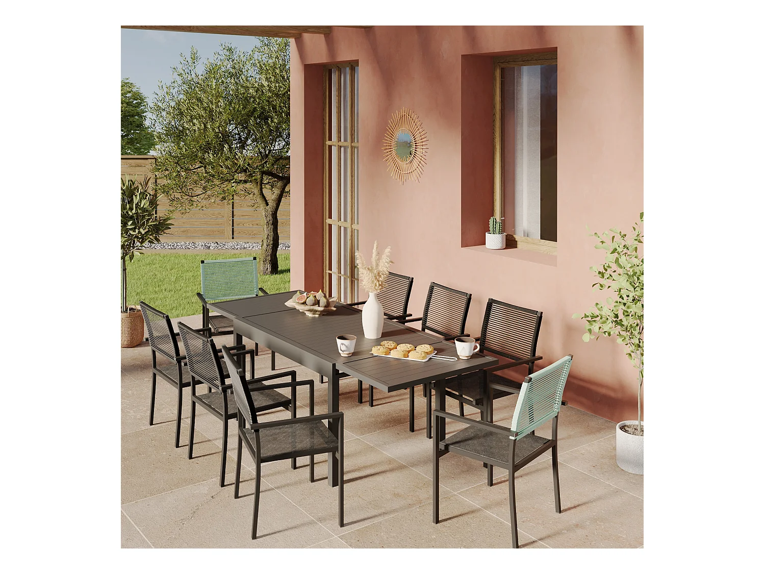 Ensemble Table de jardin extensible aluminium 135/270cm + 8 Fauteuils empilables corde Anthracite et vert d'eau - YERAZ 8