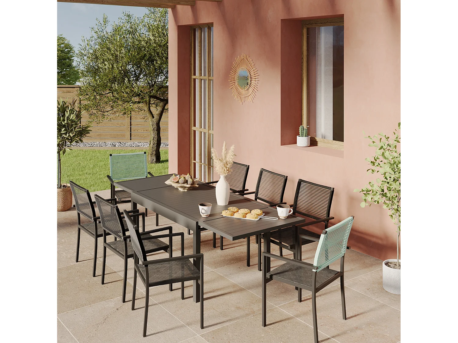 Ensemble Table de jardin extensible aluminium 135/270cm + 8 Fauteuils empilables corde Anthracite et vert d'eau - YERAZ 8