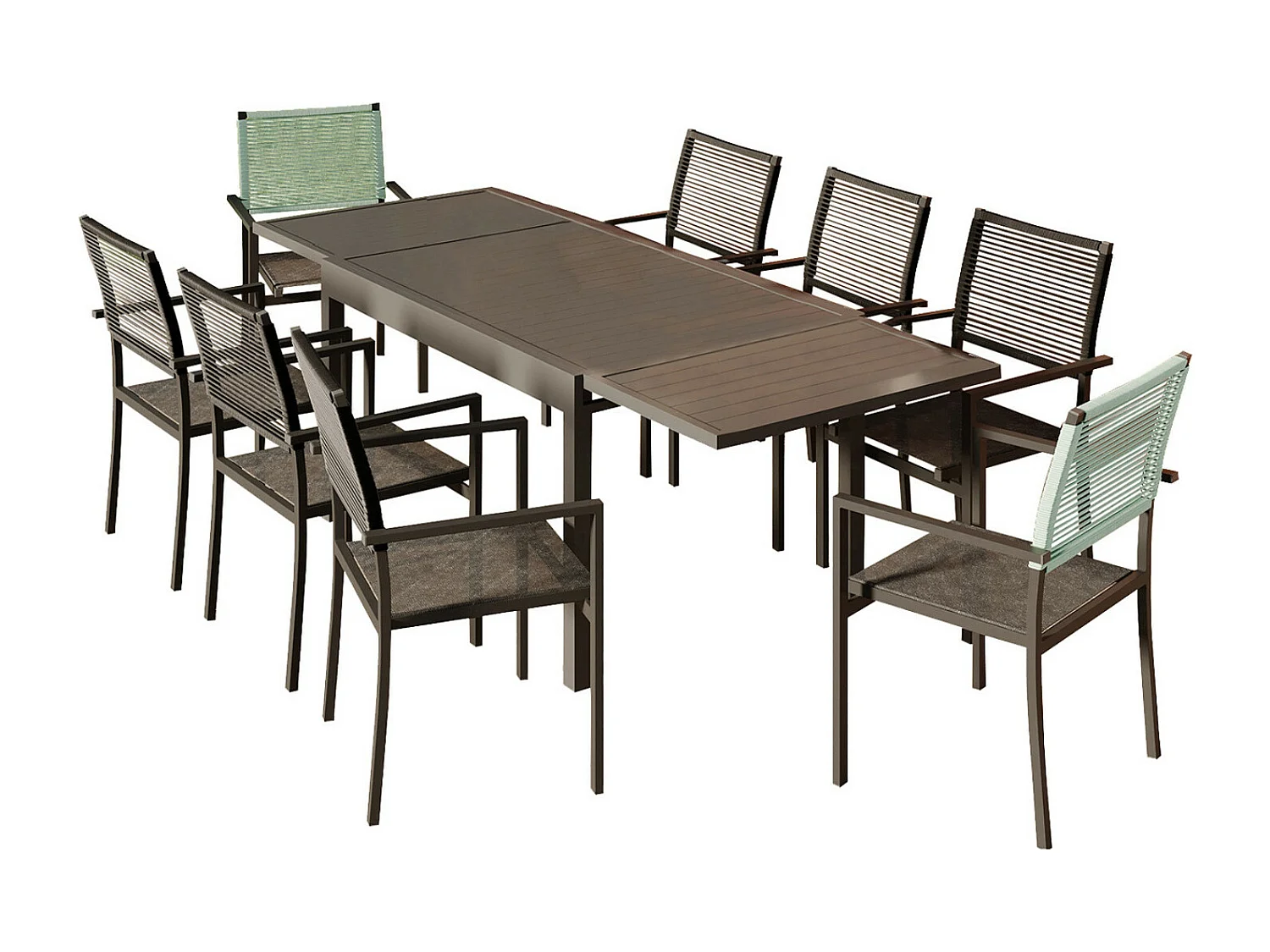 Ensemble Table de jardin extensible aluminium 135/270cm + 8 Fauteuils empilables corde Anthracite et vert d'eau - YERAZ 8