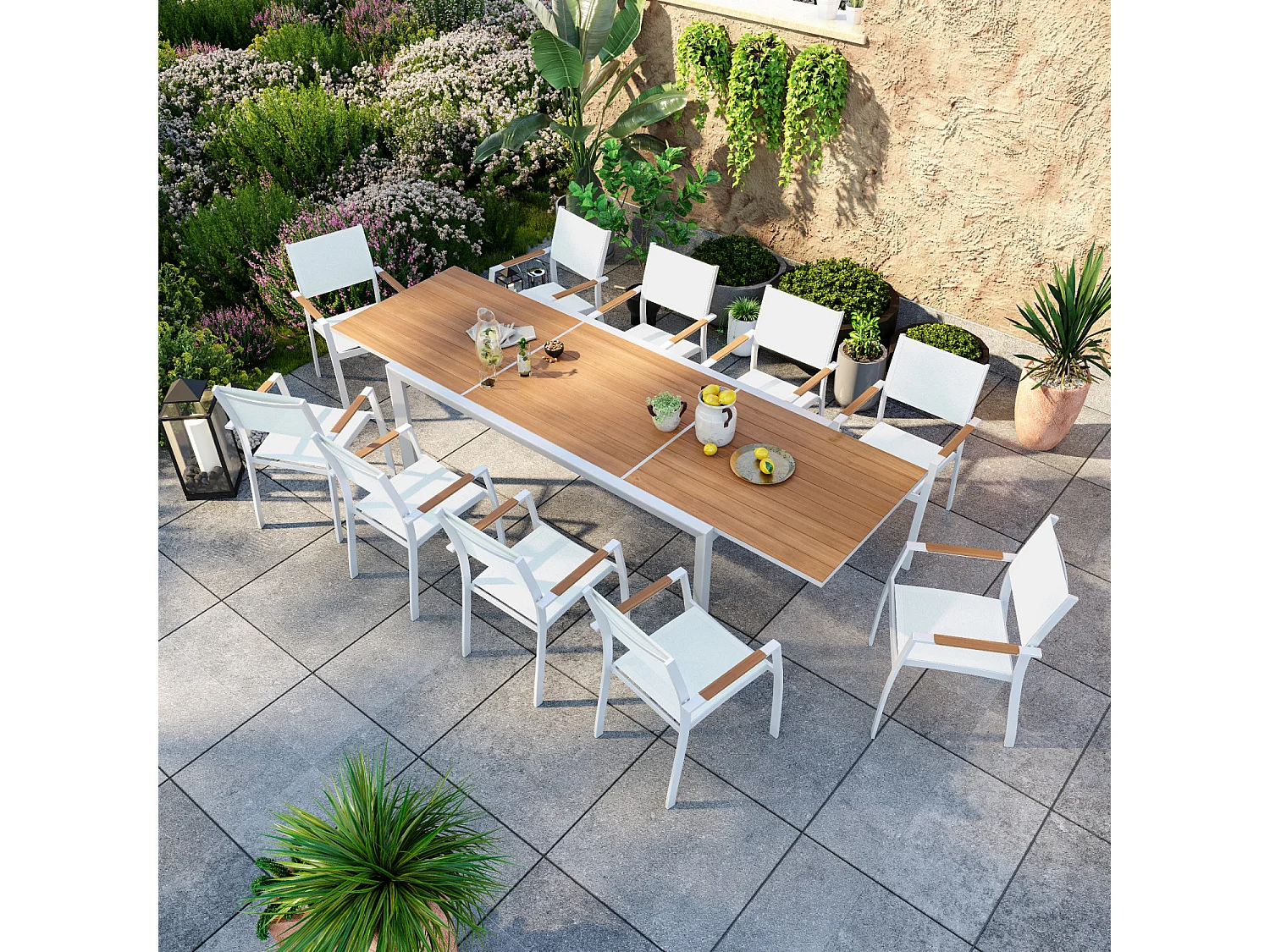 Table de jardin extensible aluminium blanche 200/300cm + 10 fauteuils empilables textilène - MARCEAU