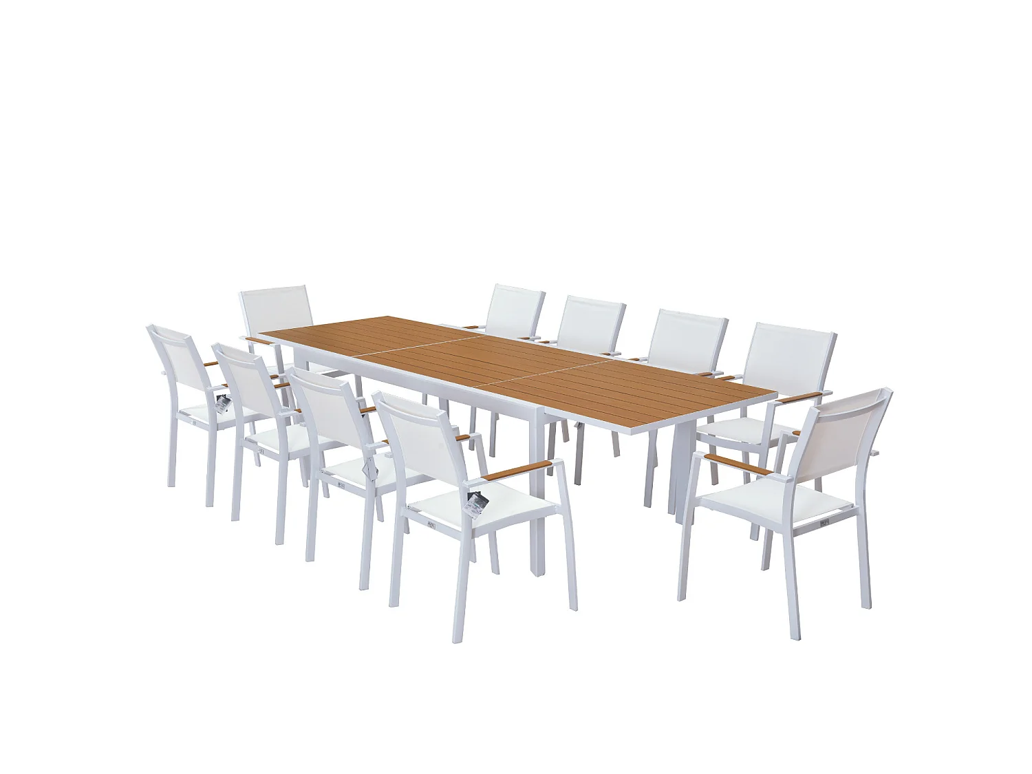 Table de jardin extensible aluminium blanche 200/300cm + 10 fauteuils empilables textilène - MARCEAU