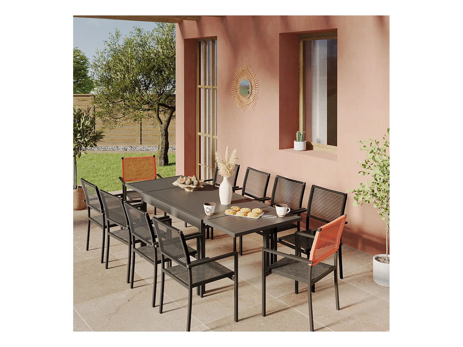 Ensemble Table de jardin extensible aluminium 135/270cm + 10 Fauteuils empilables corde Anthracite et orange - YERAZ