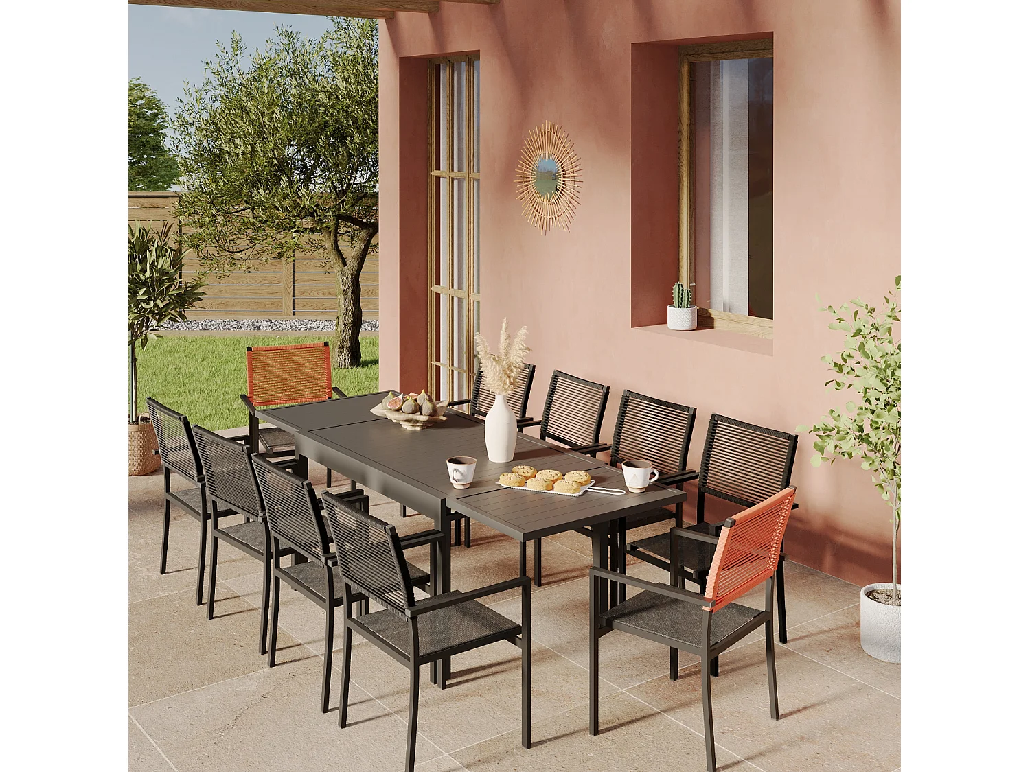 Ensemble Table de jardin extensible aluminium 135/270cm + 10 Fauteuils empilables corde Anthracite et orange - YERAZ