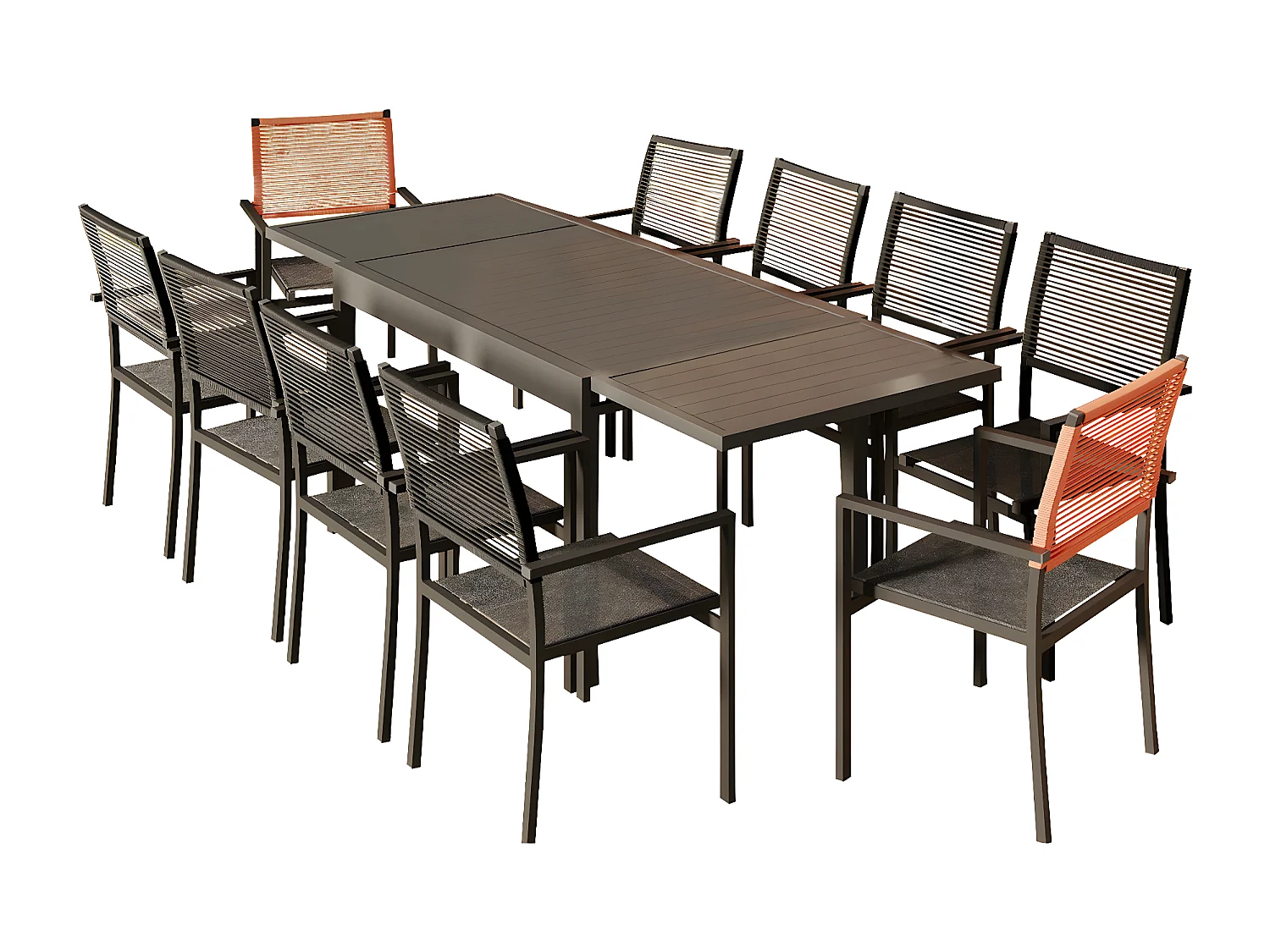 Ensemble Table de jardin extensible aluminium 135/270cm + 10 Fauteuils empilables corde Anthracite et orange - YERAZ