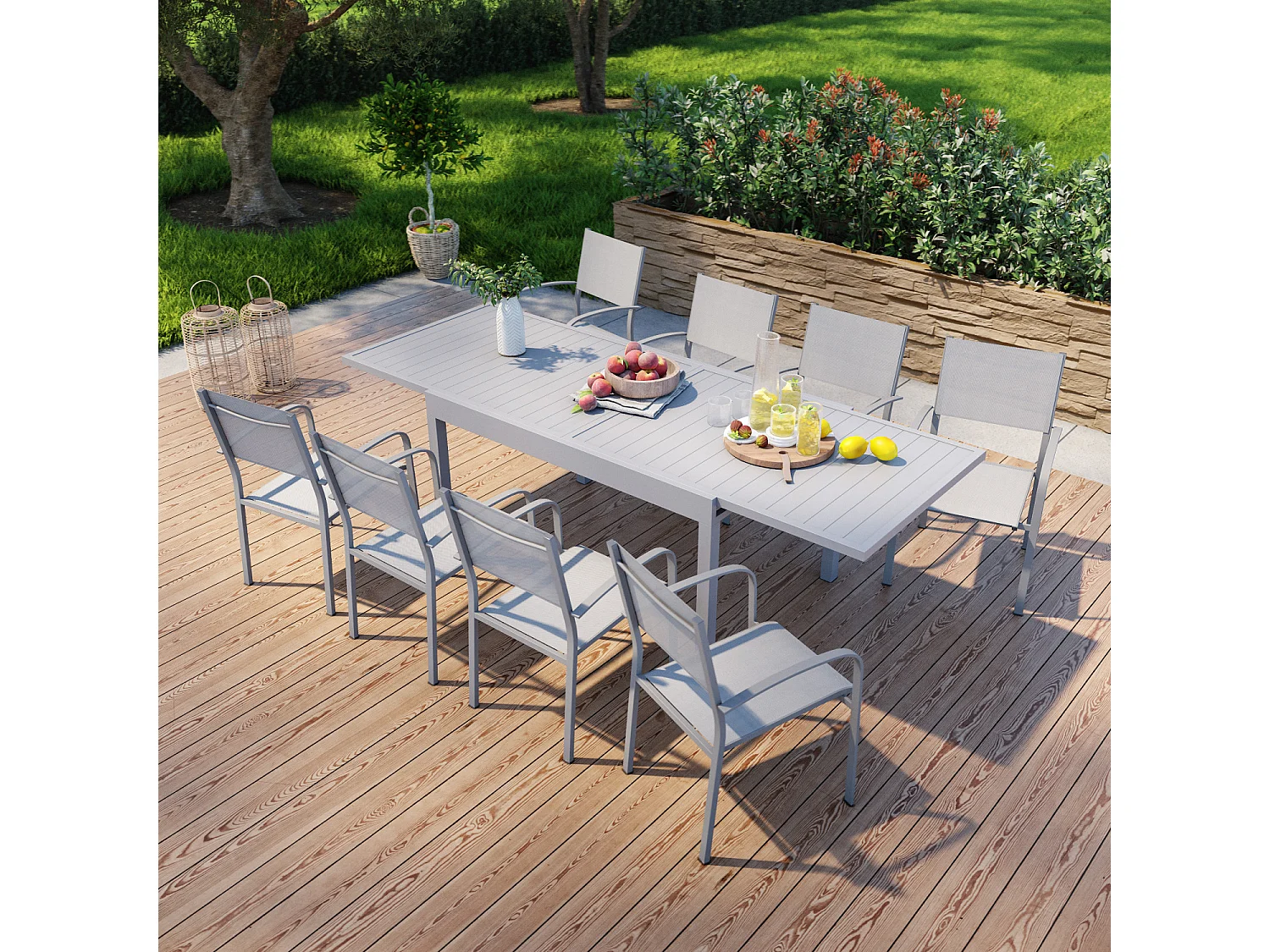 Table de jardin extensible en aluminium 270cm + 8 fauteuils empilables textilène gris - MILO 8