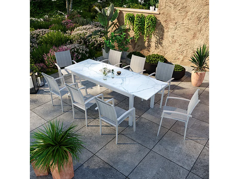 Table de jardin extensible aluminium blanc effet marbre 180/240cm + 8 fauteuils empilables textilène - ANIA