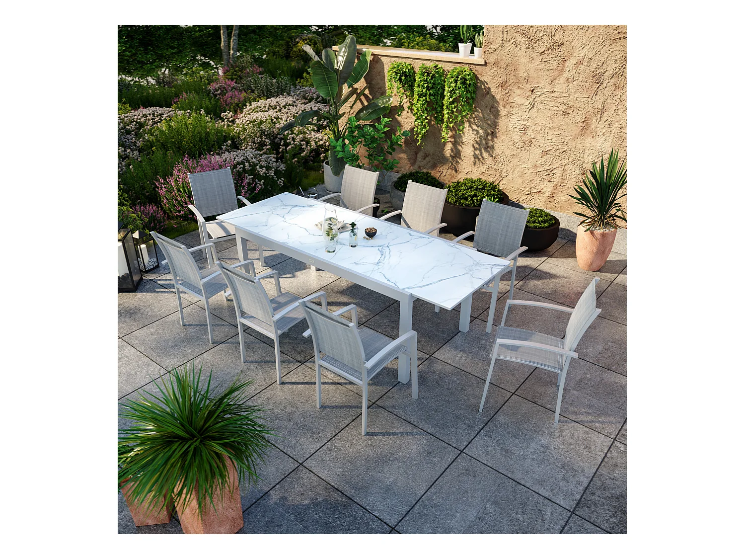 Table de jardin extensible aluminium blanc effet marbre 180/240cm + 8 fauteuils empilables textilène - ANIA