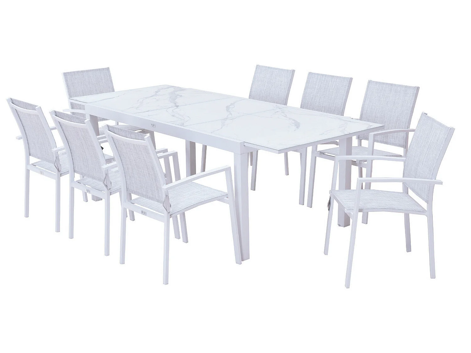 Table de jardin extensible aluminium blanc effet marbre 180/240cm + 8 fauteuils empilables textilène - ANIA