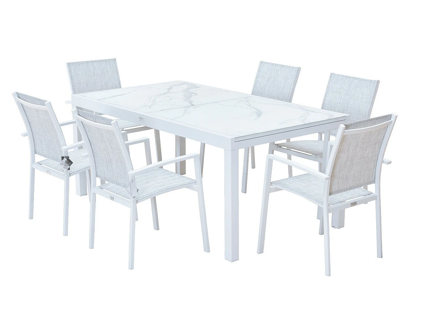 Table de jardin extensible aluminium blanc effet marbre 180/240cm + 8 fauteuils empilables textilène - ANIA