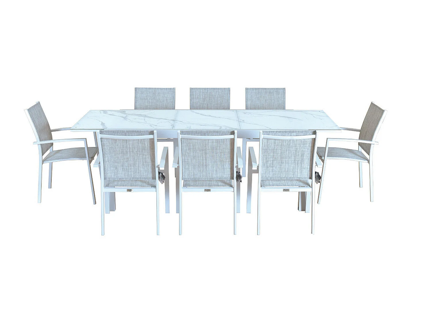 Table de jardin extensible aluminium blanc effet marbre 180/240cm + 8 fauteuils empilables textilène - ANIA
