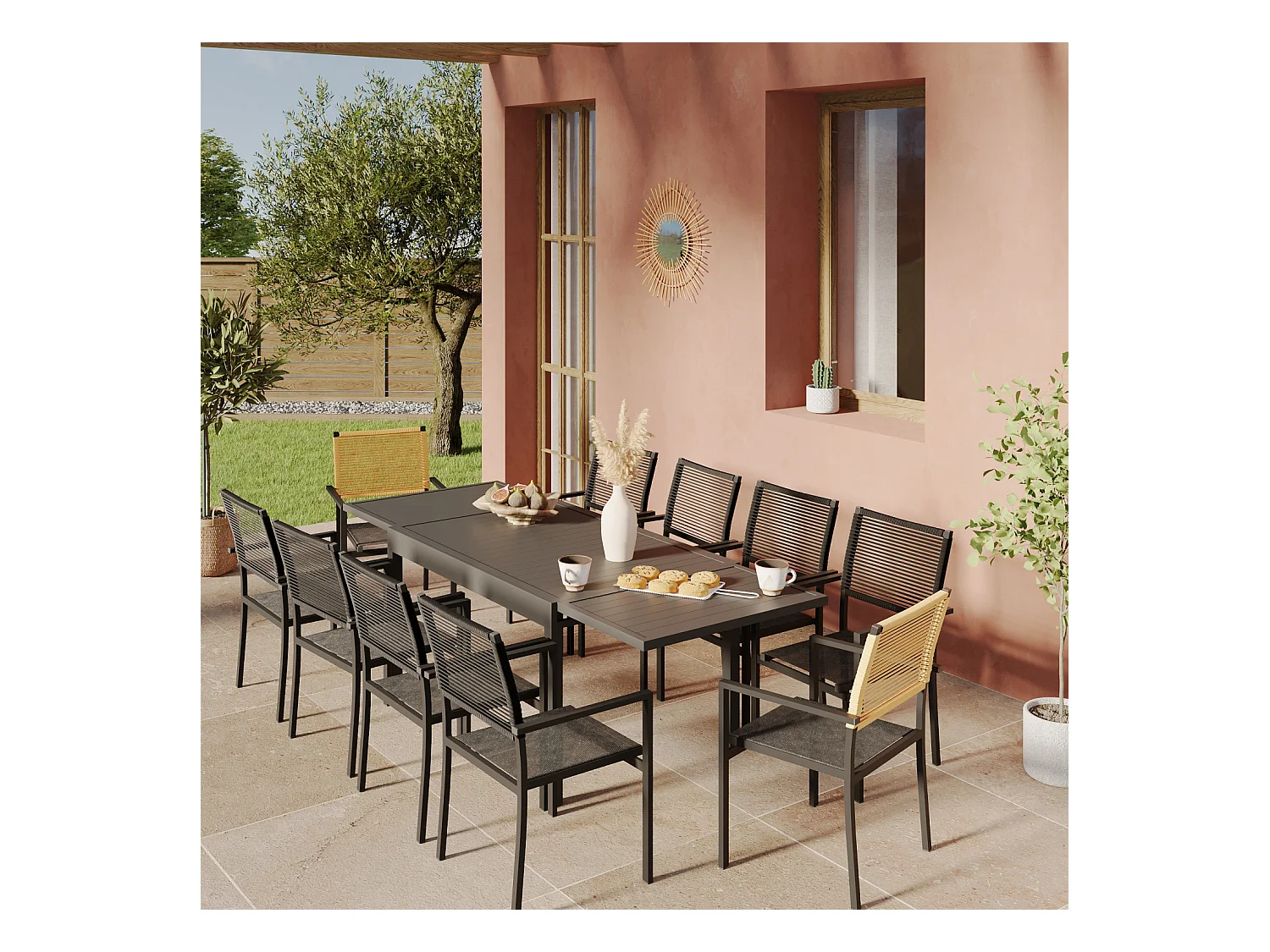 Ensemble Table de jardin extensible aluminium 135/270cm + 10 Fauteuils empilables corde Anthracite et Beige - YERAZ