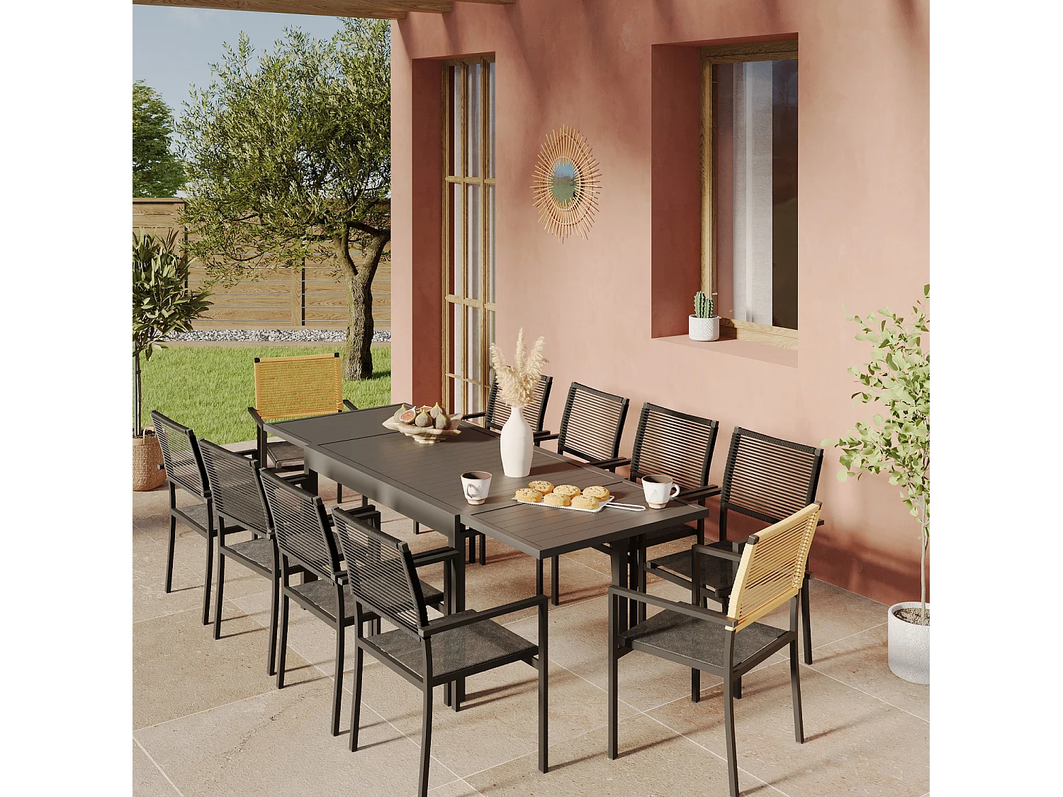 Ensemble Table de jardin extensible aluminium 135/270cm + 10 Fauteuils empilables corde Anthracite et Beige - YERAZ