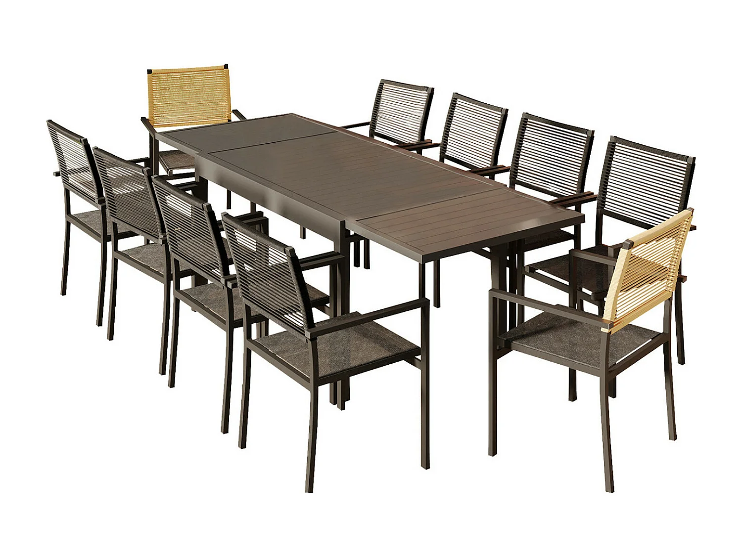 Ensemble Table de jardin extensible aluminium 135/270cm + 10 Fauteuils empilables corde Anthracite et Beige - YERAZ